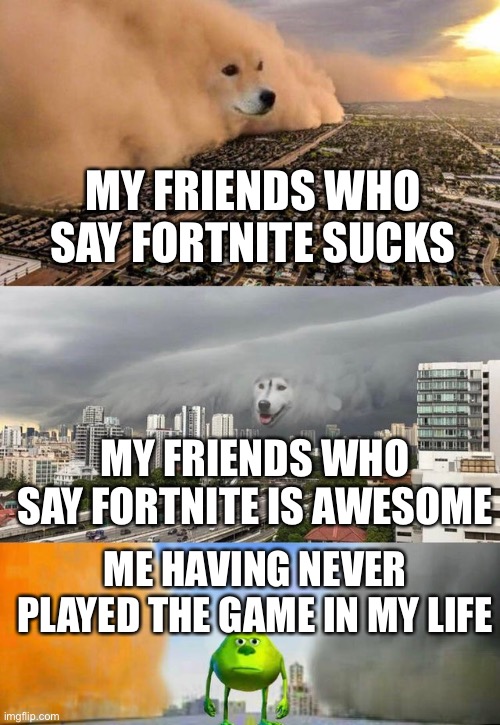 I seriously never have | MY FRIENDS WHO SAY FORTNITE SUCKS; MY FRIENDS WHO SAY FORTNITE IS AWESOME; ME HAVING NEVER PLAYED THE GAME IN MY LIFE | image tagged in dust doge storms and mikey caught in the middle | made w/ Imgflip meme maker