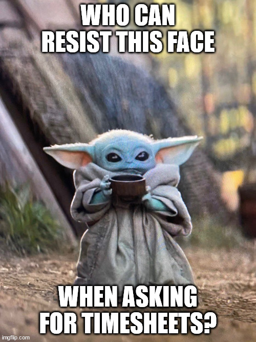 BABY YODA TEA | WHO CAN RESIST THIS FACE; WHEN ASKING FOR TIMESHEETS? | image tagged in baby yoda tea | made w/ Imgflip meme maker