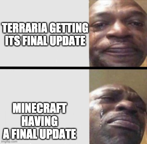 We know this is coming guys.. | TERRARIA GETTING
ITS FINAL UPDATE; MINECRAFT HAVING A FINAL UPDATE | image tagged in crying black dude weed | made w/ Imgflip meme maker