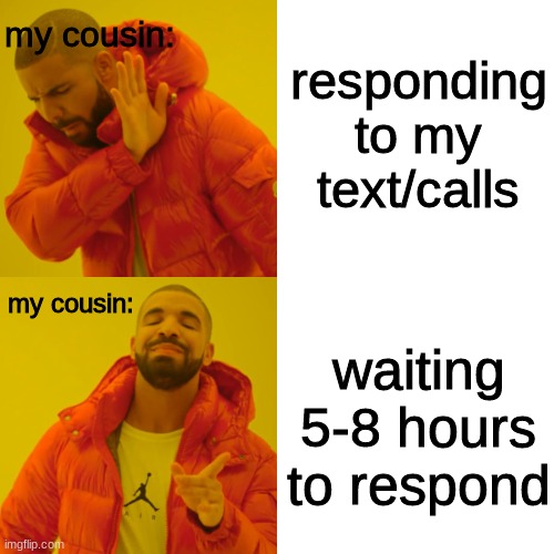 :/ | my cousin:; responding to my text/calls; my cousin:; waiting 5-8 hours to respond | image tagged in memes,drake hotline bling | made w/ Imgflip meme maker