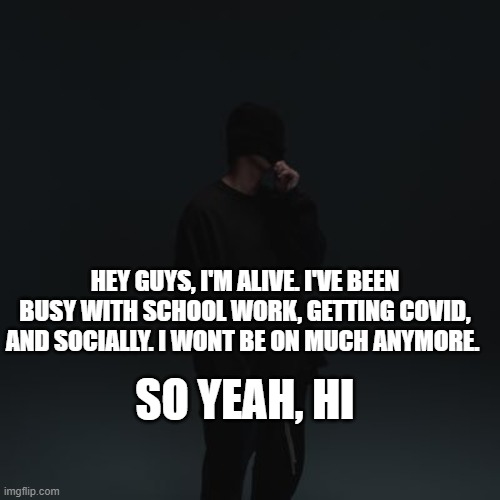 NF template | HEY GUYS, I'M ALIVE. I'VE BEEN BUSY WITH SCHOOL WORK, GETTING COVID, AND SOCIALLY. I WONT BE ON MUCH ANYMORE. SO YEAH, HI | image tagged in nf template | made w/ Imgflip meme maker