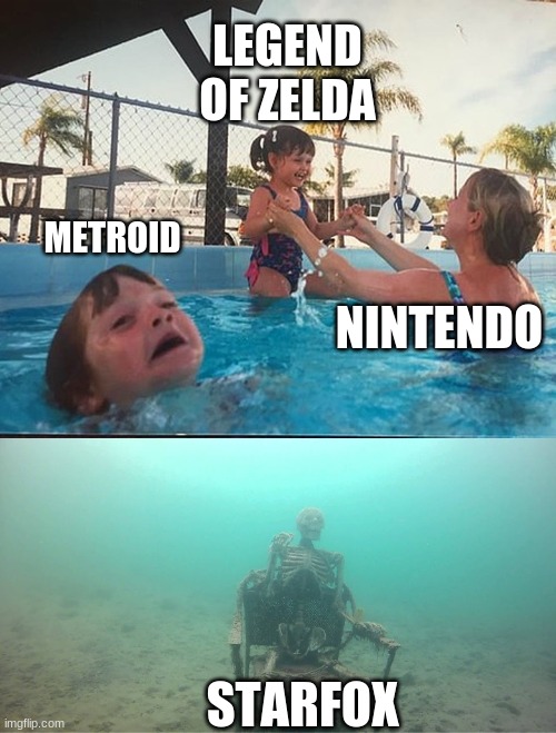 Nintendo be like | LEGEND OF ZELDA; METROID; NINTENDO; STARFOX | image tagged in drowning kid skeleton | made w/ Imgflip meme maker