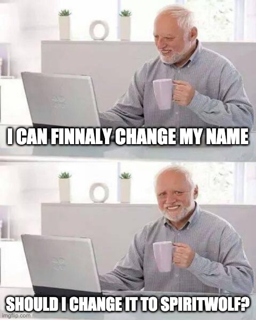 i dont know | I CAN FINNALY CHANGE MY NAME; SHOULD I CHANGE IT TO SPIRITWOLF? | image tagged in memes,hide the pain harold | made w/ Imgflip meme maker