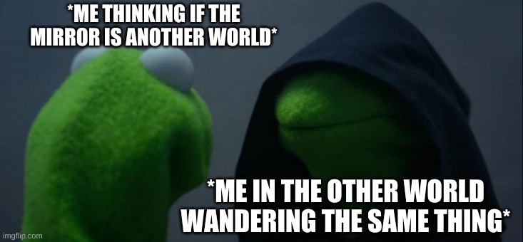 Evil Kermit Meme | *ME THINKING IF THE MIRROR IS ANOTHER WORLD*; *ME IN THE OTHER WORLD WANDERING THE SAME THING* | image tagged in memes,evil kermit | made w/ Imgflip meme maker