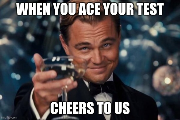 Leonardo Dicaprio Cheers Meme | WHEN YOU ACE YOUR TEST; CHEERS TO US | image tagged in memes,leonardo dicaprio cheers | made w/ Imgflip meme maker