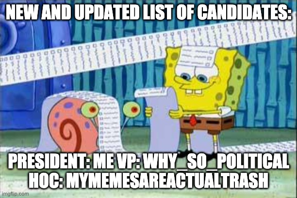 Spongebob's List | NEW AND UPDATED LIST OF CANDIDATES:; PRESIDENT: ME VP: WHY_SO_POLITICAL HOC: MYMEMESAREACTUALTRASH | image tagged in spongebob's list | made w/ Imgflip meme maker