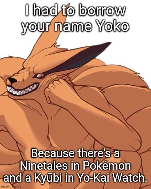 I had to borrow your name Yoko Because there's a Ninetales in Pokémon and a Kyūbi in Yo-Kai Watch. | made w/ Imgflip meme maker