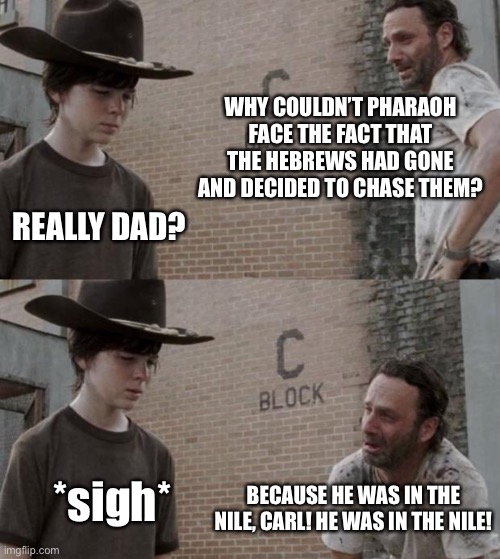 Rick and Carl Meme | WHY COULDN’T PHARAOH FACE THE FACT THAT THE HEBREWS HAD GONE AND DECIDED TO CHASE THEM? REALLY DAD? BECAUSE HE WAS IN THE NILE, CARL! HE WAS IN THE NILE! *sigh* | image tagged in memes,rick and carl | made w/ Imgflip meme maker