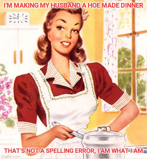 50s Housewife | I'M MAKING MY HUSBAND A HOE MADE DINNER; THAT'S NOT A SPELLING ERROR, I AM WHAT I AM | image tagged in 50s housewife | made w/ Imgflip meme maker