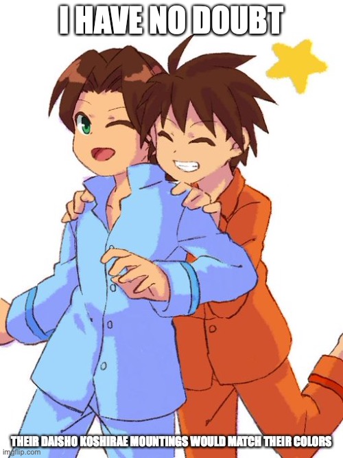 Hikari Twins in Pajamas | I HAVE NO DOUBT; THEIR DAISHO KOSHIRAE MOUNTINGS WOULD MATCH THEIR COLORS | image tagged in megaman,megaman battle network,memes,pajamas | made w/ Imgflip meme maker