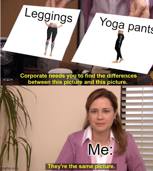 "NOOOO THOSE ARE YOGA PANTS" I really dont see a difference | Leggings; Yoga pants; Me: | image tagged in memes,they're the same picture,leggings,yoga pants | made w/ Imgflip meme maker