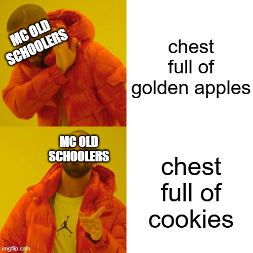 Old schoolers be like... | chest full of golden apples; MC OLD SCHOOLERS; MC OLD SCHOOLERS; chest full of cookies | image tagged in memes,drake hotline bling,minecraft | made w/ Imgflip meme maker