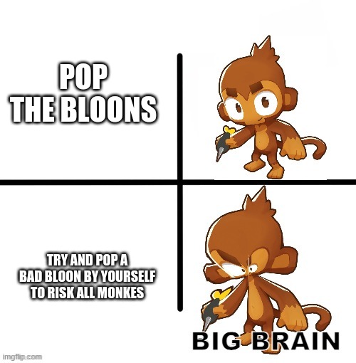 BIG BRAIN MONKE | POP THE BLOONS; TRY AND POP A BAD BLOON BY YOURSELF TO RISK ALL MONKES | image tagged in big brain monke | made w/ Imgflip meme maker