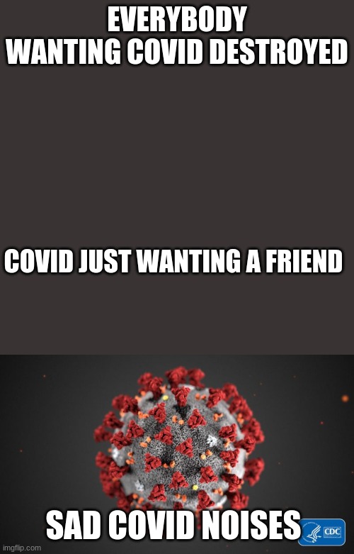 I feel u | EVERYBODY WANTING COVID DESTROYED; COVID JUST WANTING A FRIEND; SAD COVID NOISES | image tagged in memes,blank transparent square,covid 19 | made w/ Imgflip meme maker