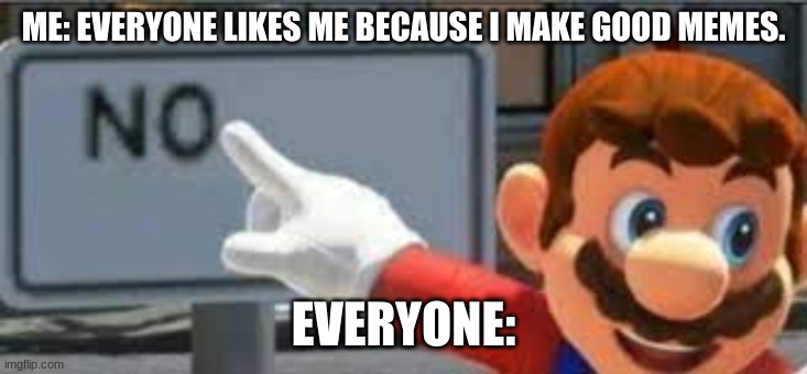 No | ME: EVERYONE LIKES ME BECAUSE I MAKE GOOD MEMES. EVERYONE: | image tagged in no | made w/ Imgflip meme maker