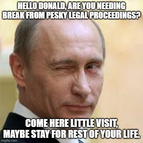 Putin Winking | HELLO DONALD, ARE YOU NEEDING BREAK FROM PESKY LEGAL PROCEEDINGS? COME HERE LITTLE VISIT, MAYBE STAY FOR REST OF YOUR LIFE. | image tagged in putin winking | made w/ Imgflip meme maker