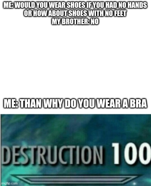 ME: WOULD YOU WEAR SHOES IF YOU HAD NO HANDS
OR HOW ABOUT SHOES WITH NO FEET
MY BROTHER: NO; ME: THAN WHY DO YOU WEAR A BRA | image tagged in blank white template,destruction 100,haha,funny,burn,ouch | made w/ Imgflip meme maker