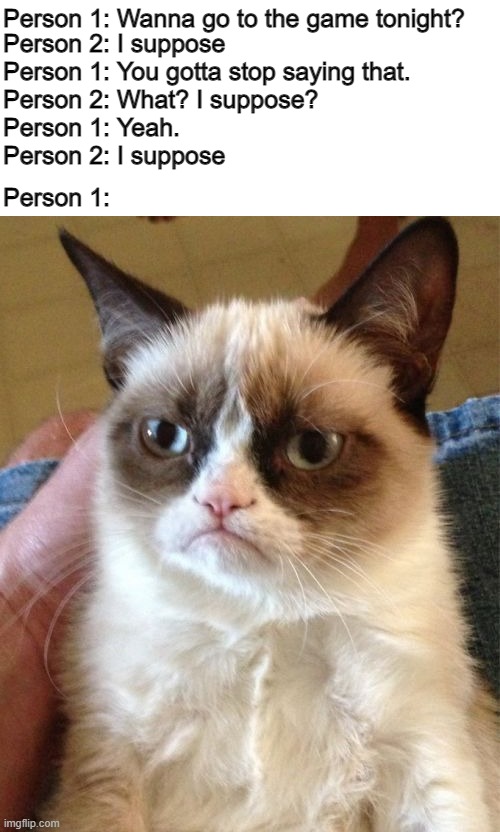 i suppose you'd like this | Person 1: Wanna go to the game tonight? Person 2: I suppose
Person 1: You gotta stop saying that.
Person 2: What? I suppose?
Person 1: Yeah.
Person 2: I suppose; Person 1: | image tagged in memes,grumpy cat | made w/ Imgflip meme maker