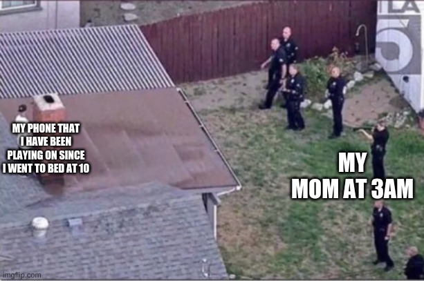E | MY PHONE THAT I HAVE BEEN PLAYING ON SINCE I WENT TO BED AT 10; MY MOM AT 3AM | image tagged in guy hiding from cops on roof | made w/ Imgflip meme maker