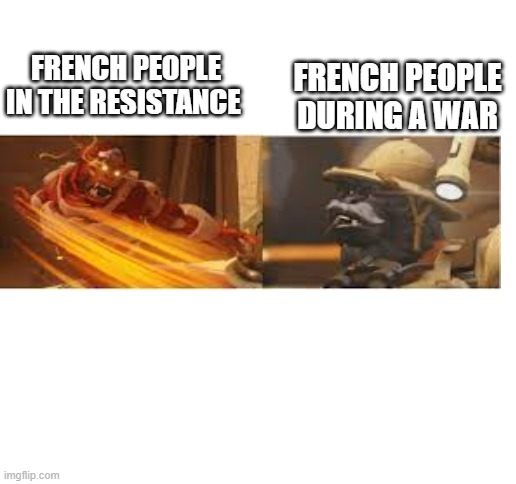 Blank White Template | FRENCH PEOPLE DURING A WAR; FRENCH PEOPLE IN THE RESISTANCE | image tagged in blank white template | made w/ Imgflip meme maker