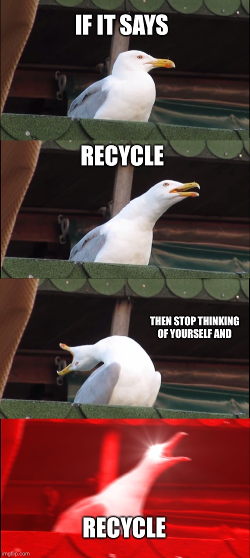 Inhaling Seagull | IF IT SAYS; RECYCLE; THEN STOP THINKING OF YOURSELF AND; RECYCLE | image tagged in memes,inhaling seagull | made w/ Imgflip meme maker