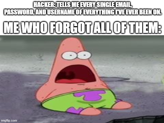 Yay now i can play minecraft | HACKER: TELLS ME EVERY SINGLE EMAIL, PASSWORD, AND USERNAME OF EVERYTHING I'VE EVER BEEN ON. ME WHO FORGOT ALL OF THEM: | image tagged in surprised patrick | made w/ Imgflip meme maker
