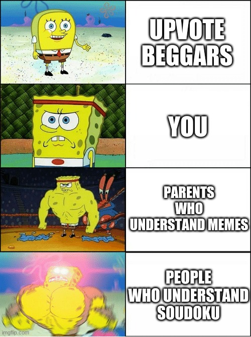 i just finishd sodoku | UPVOTE BEGGARS; YOU; PARENTS WHO UNDERSTAND MEMES; PEOPLE WHO UNDERSTAND SOUDOKU | image tagged in sponge finna commit muder | made w/ Imgflip meme maker