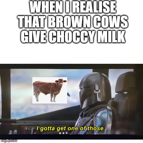 Choccy milk | WHEN I REALISE THAT BROWN COWS GIVE CHOCCY MILK | image tagged in i gotta get one of those,choccy milk | made w/ Imgflip meme maker