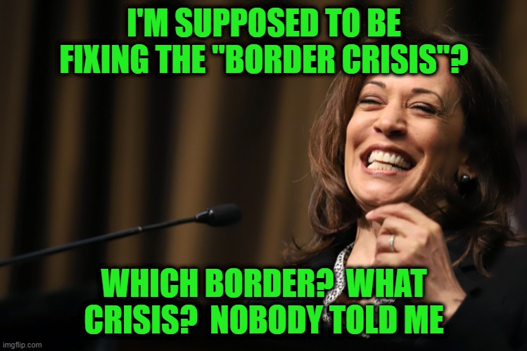 AWOL Border Czar | I'M SUPPOSED TO BE FIXING THE "BORDER CRISIS"? WHICH BORDER?  WHAT CRISIS?  NOBODY TOLD ME | image tagged in kamala harris,secure the border,border crisis | made w/ Imgflip meme maker