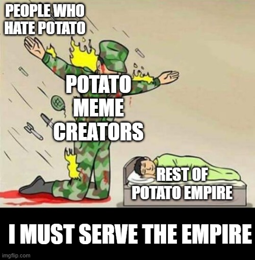 Soldier protecting sleeping child | PEOPLE WHO HATE POTATO; POTATO MEME CREATORS; REST OF POTATO EMPIRE; I MUST SERVE THE EMPIRE | image tagged in soldier protecting sleeping child | made w/ Imgflip meme maker