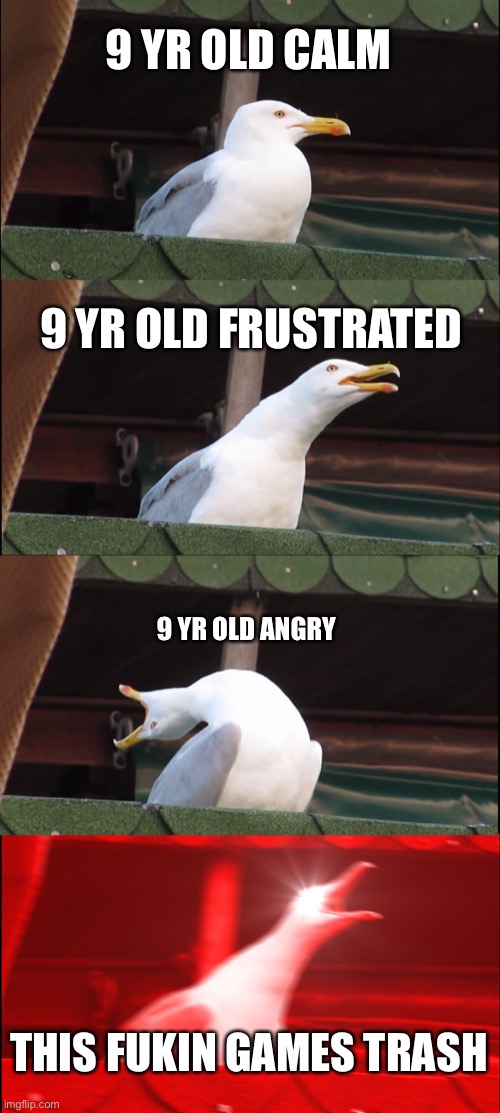 Inhaling Seagull | 9 YR OLD CALM; 9 YR OLD FRUSTRATED; 9 YR OLD ANGRY; THIS FUKIN GAMES TRASH | image tagged in memes,inhaling seagull | made w/ Imgflip meme maker