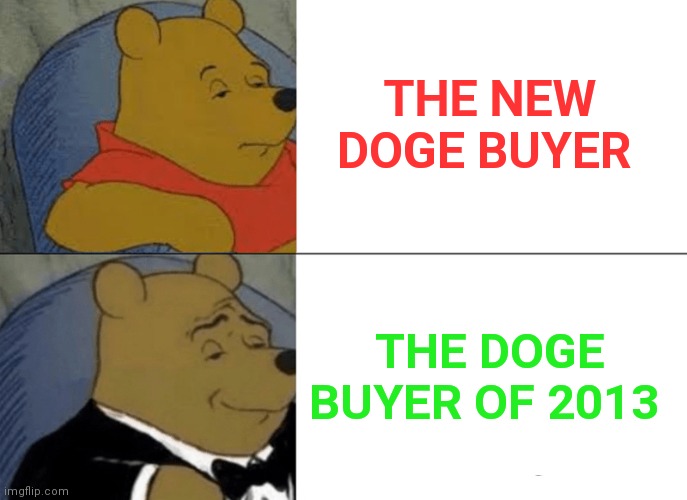 Can you see the difference | THE NEW DOGE BUYER; THE DOGE BUYER OF 2013 | image tagged in memes,dogecoin,cryptocurrency,crypto,memehub,fun | made w/ Imgflip meme maker