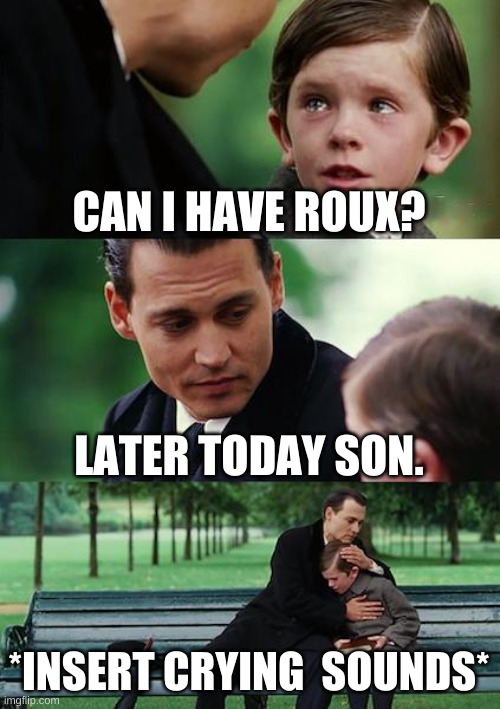 very sad | CAN I HAVE ROUX? LATER TODAY SON. *INSERT CRYING  SOUNDS* | image tagged in memes,finding neverland,sad,bobux | made w/ Imgflip meme maker