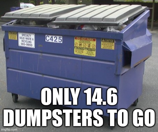 Dumpster | ONLY 14.6 DUMPSTERS TO GO | image tagged in dumpster | made w/ Imgflip meme maker