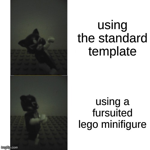 Drake Hotline Bling | using the standard template; using a fursuited lego minifigure | image tagged in memes,lego hotline bling,new | made w/ Imgflip meme maker