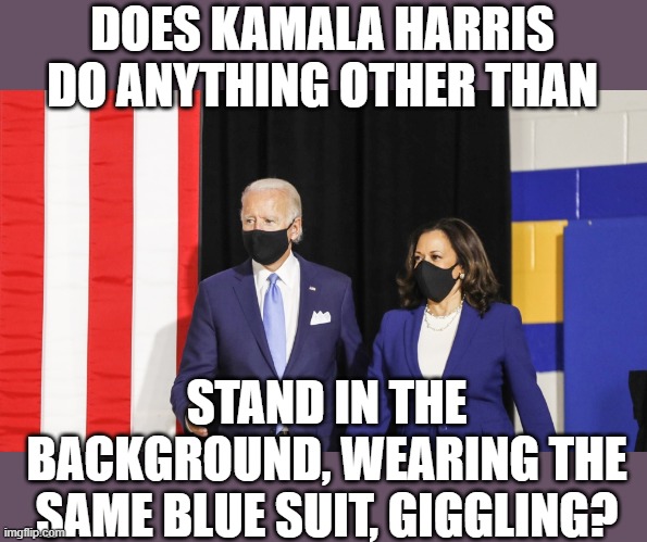 Joeyplugs and laughing girl | DOES KAMALA HARRIS DO ANYTHING OTHER THAN; STAND IN THE BACKGROUND, WEARING THE SAME BLUE SUIT, GIGGLING? | image tagged in democrats,fascism | made w/ Imgflip meme maker