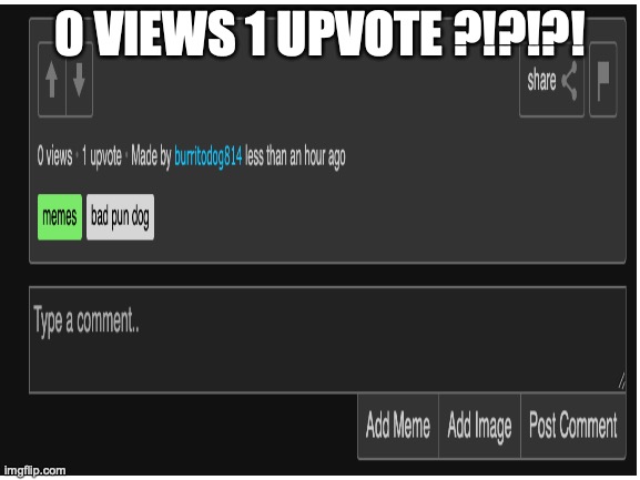 0 views 1 upvote?!?!?! | 0 VIEWS 1 UPVOTE ?!?!?! | image tagged in what | made w/ Imgflip meme maker