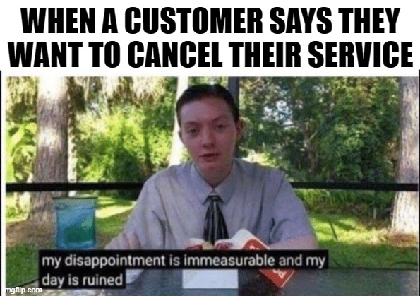 My dissapointment is immeasurable and my day is ruined | WHEN A CUSTOMER SAYS THEY WANT TO CANCEL THEIR SERVICE | image tagged in my dissapointment is immeasurable and my day is ruined | made w/ Imgflip meme maker