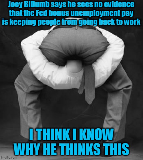 Biden's normal head location | Joey BiDumb says he sees no evidence that the Fed bonus unemployment pay is keeping people from going back to work; I THINK I KNOW WHY HE THINKS THIS | image tagged in head stuck up ass,biden,unemployment | made w/ Imgflip meme maker