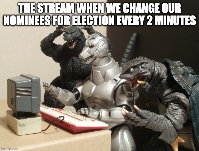 Kaiju confusion | THE STREAM WHEN WE CHANGE OUR NOMINEES FOR ELECTION EVERY 2 MINUTES | image tagged in kaiju confusion | made w/ Imgflip meme maker