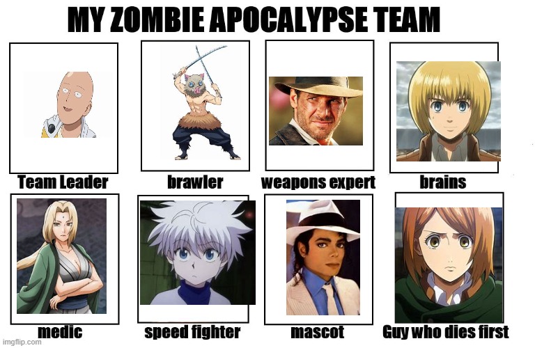 My Zombie Apocalypse Team | image tagged in my zombie apocalypse team,aot,demon slayer,naruto,onepunchman | made w/ Imgflip meme maker