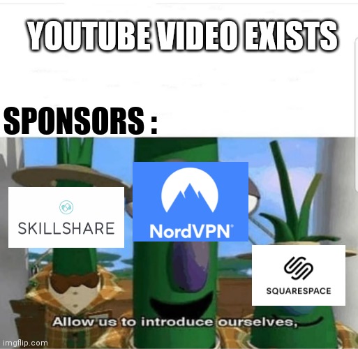 YouTube Video Sponsors in Nutshell | YOUTUBE VIDEO EXISTS; SPONSORS : | image tagged in allow us to introduce ourselves | made w/ Imgflip meme maker