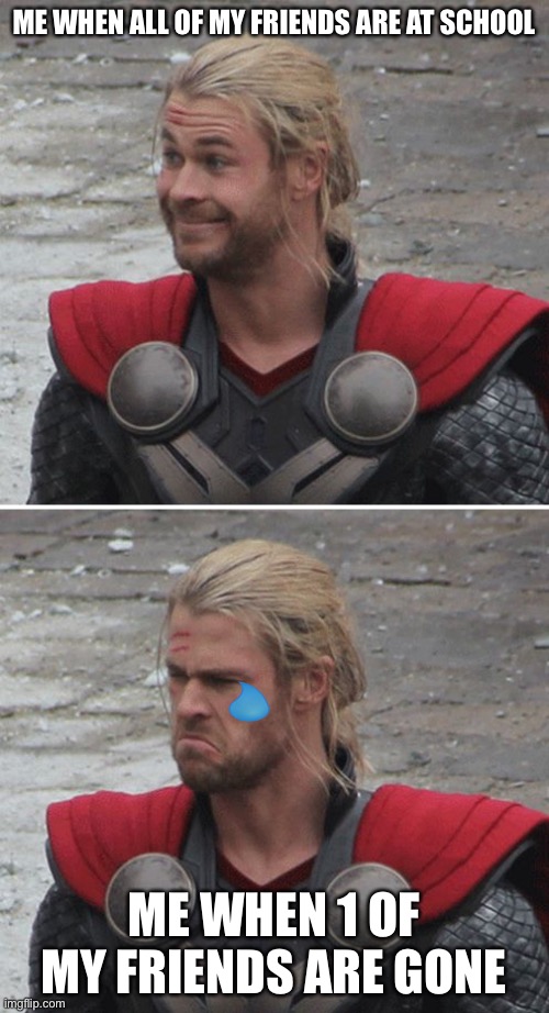 Thor happy then sad | ME WHEN ALL OF MY FRIENDS ARE AT SCHOOL; ME WHEN 1 OF MY FRIENDS ARE GONE | image tagged in thor happy then sad | made w/ Imgflip meme maker