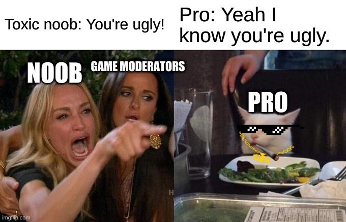 Woman Yelling At Cat Meme | Toxic noob: You're ugly! Pro: Yeah I know you're ugly. GAME MODERATORS; NOOB; PRO | image tagged in memes,woman yelling at cat | made w/ Imgflip meme maker
