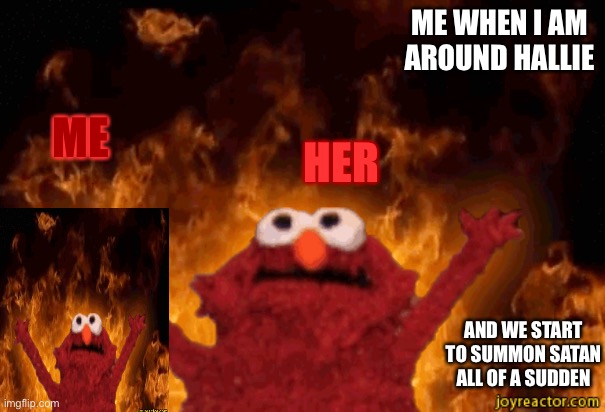 burning elmo | ME WHEN I AM AROUND HALLIE; ME; HER; AND WE START TO SUMMON SATAN ALL OF A SUDDEN | image tagged in burning elmo | made w/ Imgflip meme maker
