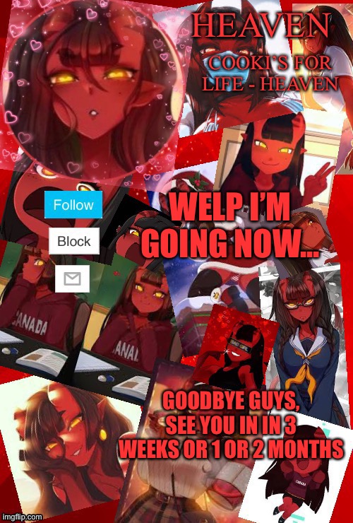 Goodbye... | WELP I’M GOING NOW... GOODBYE GUYS, SEE YOU IN IN 3 WEEKS OR 1 OR 2 MONTHS | image tagged in heaven meru | made w/ Imgflip meme maker