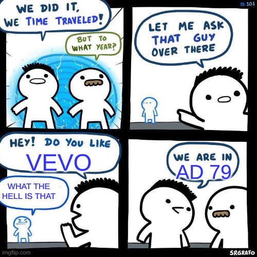 we are in ad 79 | VEVO; AD 79; WHAT THE HELL IS THAT | image tagged in time travelling billy | made w/ Imgflip meme maker