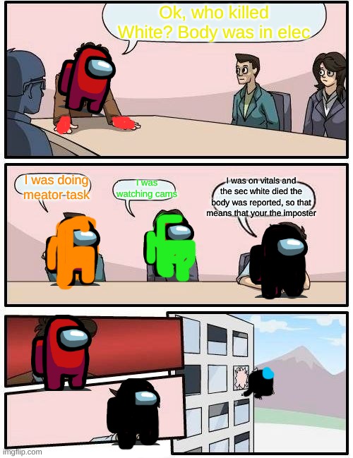 Boardroom Meeting Suggestion | Ok, who killed White? Body was in elec; I was on vitals and the sec white died the body was reported, so that means that your the imposter; I was doing meator task; I was watching cams | image tagged in memes,boardroom meeting suggestion | made w/ Imgflip meme maker