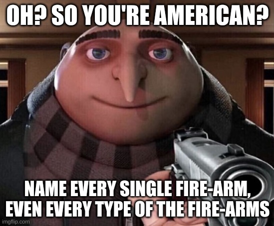 Oh? So you're American? | OH? SO YOU'RE AMERICAN? NAME EVERY SINGLE FIRE-ARM, EVEN EVERY TYPE OF THE FIRE-ARMS | image tagged in gru gun,oh so you're x | made w/ Imgflip meme maker