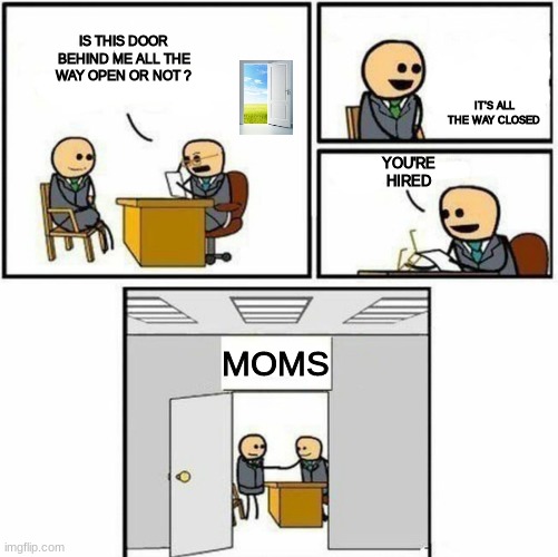 You're hired | IS THIS DOOR BEHIND ME ALL THE WAY OPEN OR NOT ? IT'S ALL THE WAY CLOSED; YOU'RE HIRED; MOMS | image tagged in you're hired,so true memes | made w/ Imgflip meme maker